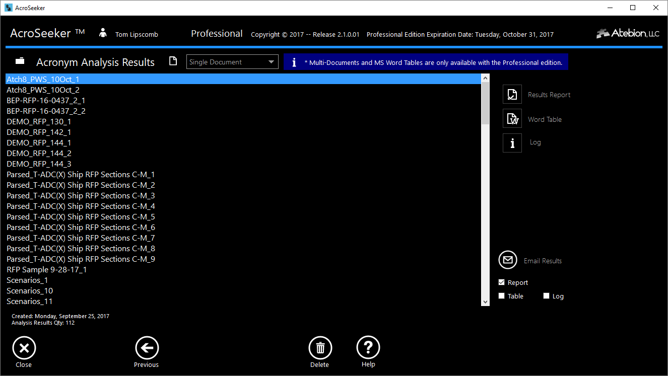 Screen image of the Analysis Results panel