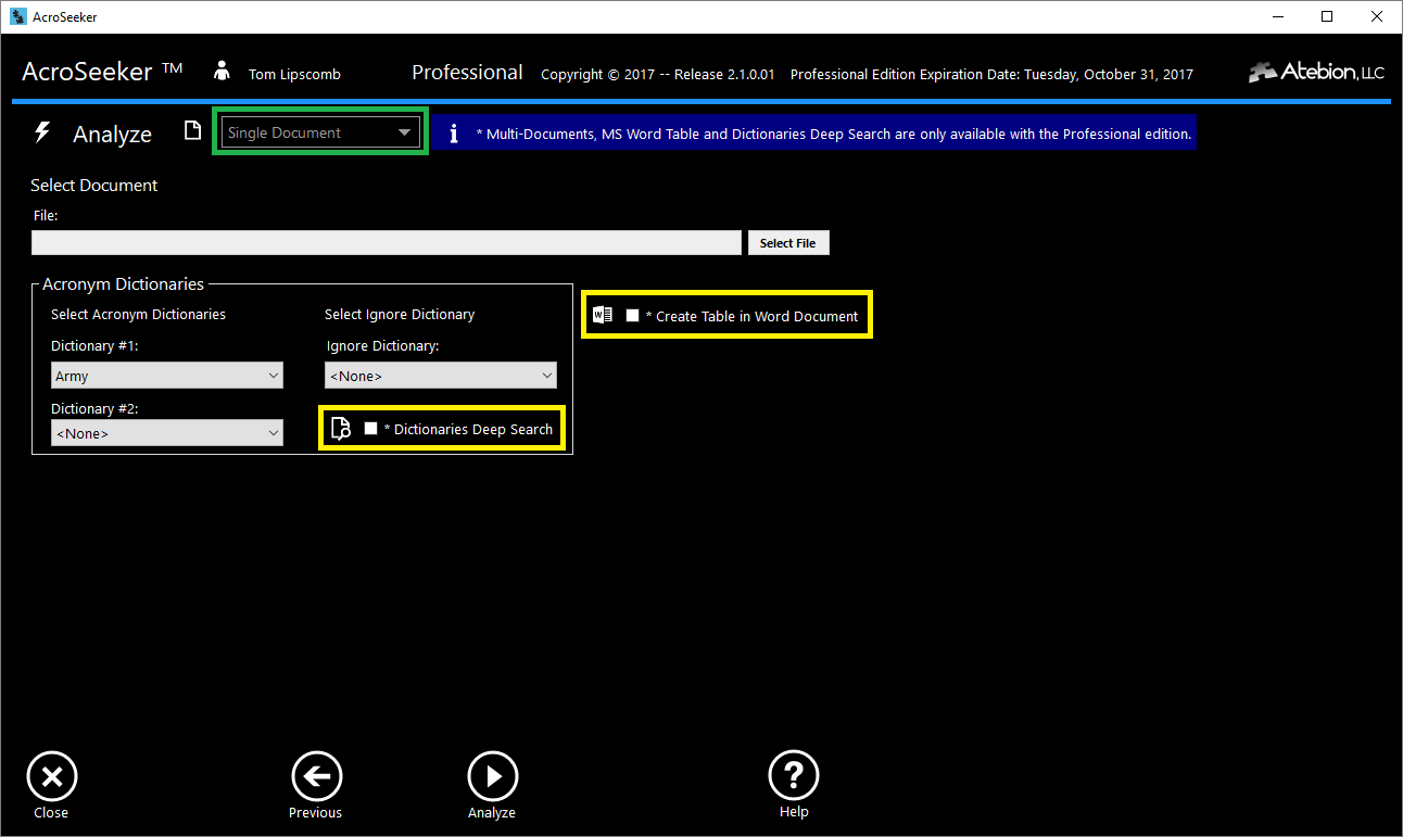 Screen image of the Analyze Single Document panel