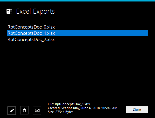 Image of the Results Concept Excel Reports window