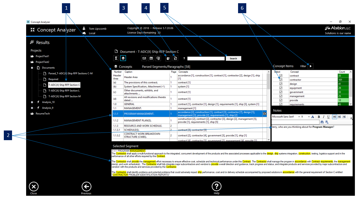 Screen image of the Results Concept panel