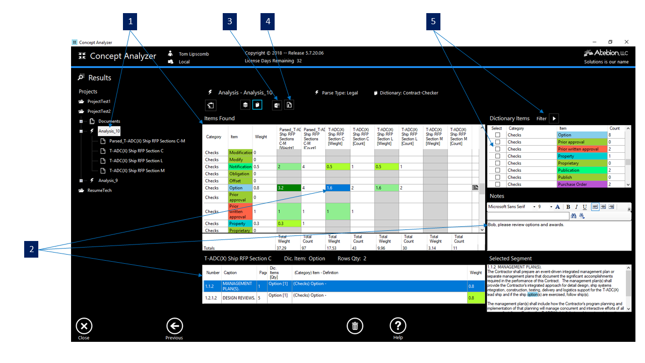 Screen image of the Dictionary Documents Result panel