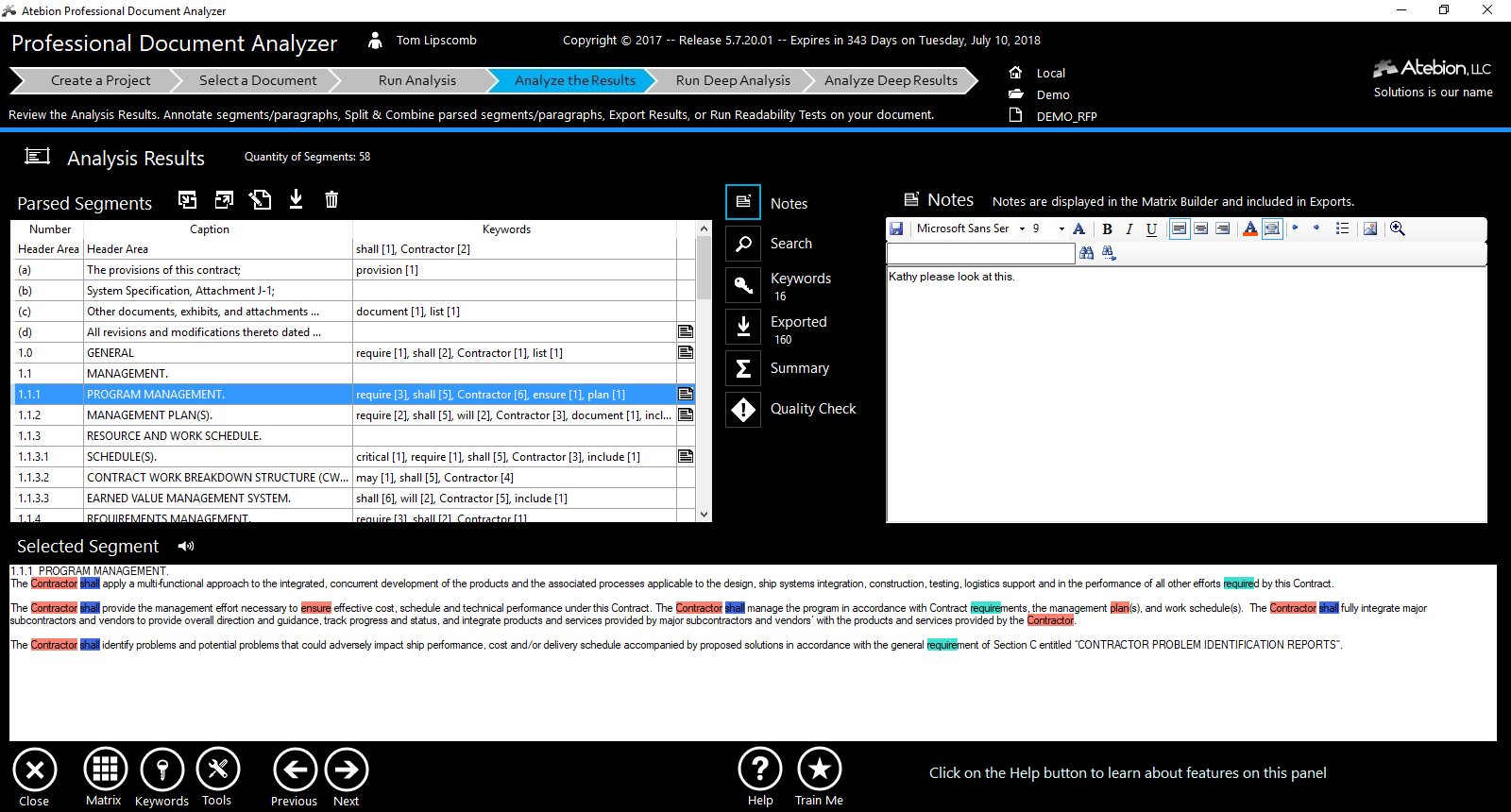 Screen image of the Analysis Results Notes sub-panel