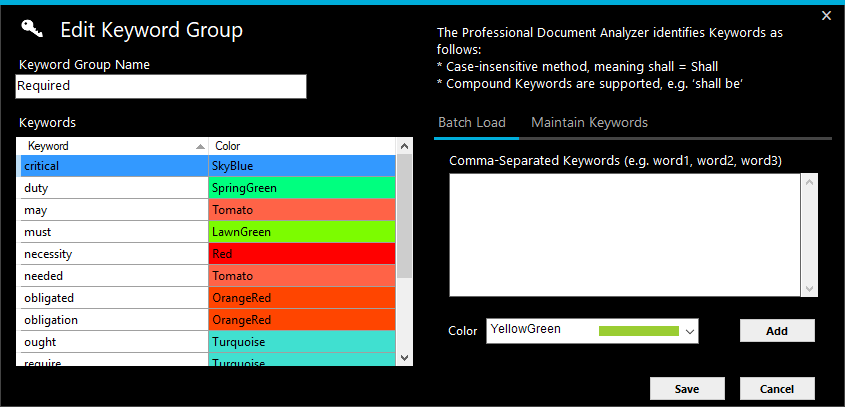 Screen image of the Edit Keyword Group window