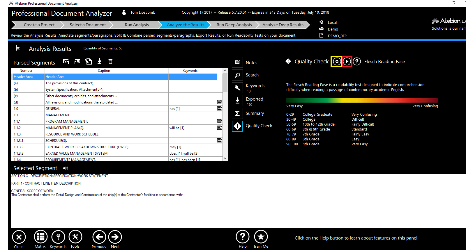 Screen image of the Analysis Results panel