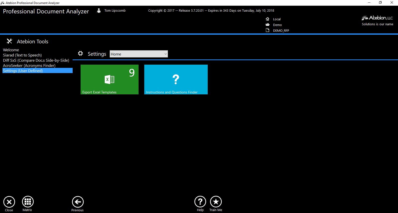 Screen image of the Settings sub-panel