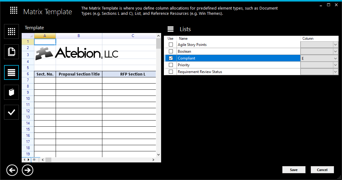 Screen image of the New/Edit Matrix Template window, Lists selected 