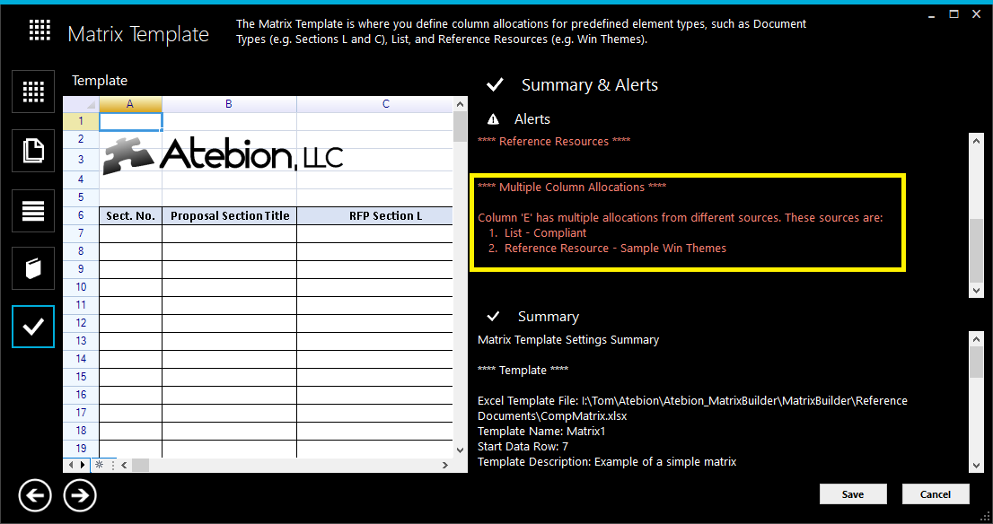 Screen image of the New/Edit Matrix Template window, Alerts and Summary sub-panel 